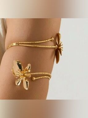 Gold Red Daisy Butterfly Arm Cuff Bracelet - Women's Jewelry